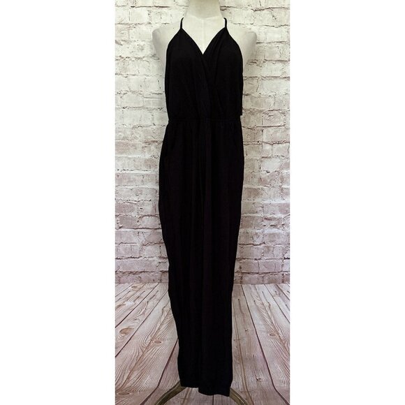 Lulus Jumpsuit SMALL Black Spaghetti Strap NEW Straight Jogger Leg Pockets Rayon - Picture 1 of 5